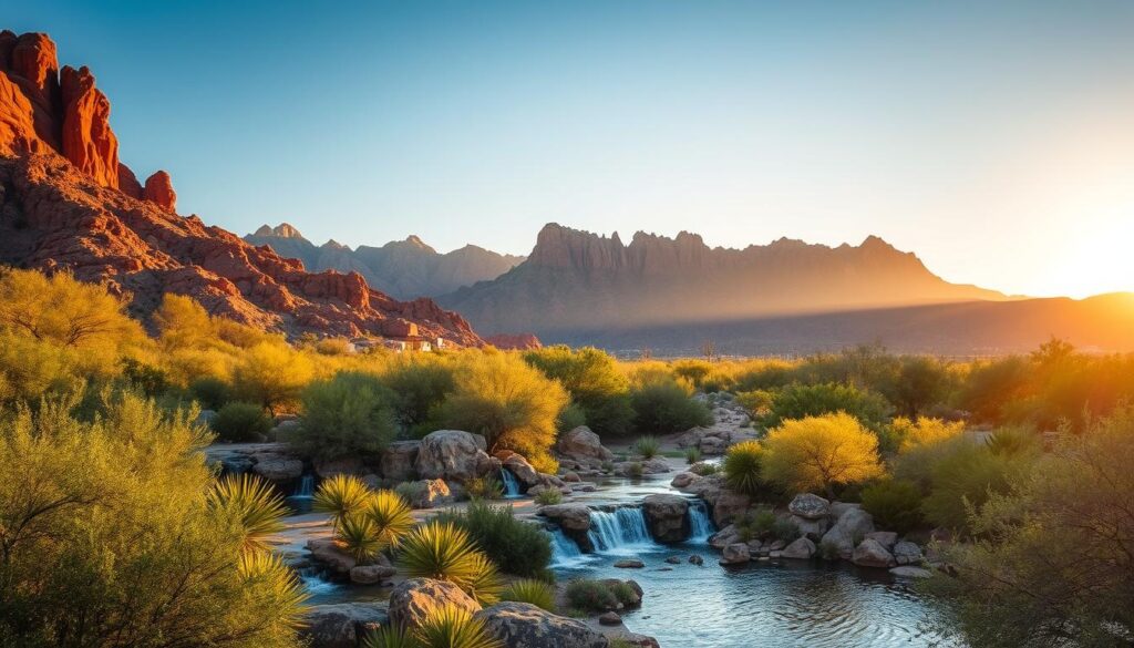 A serene landscape showcasing the stunning natural beauty of Phoenix, Arizona. In the foreground, a tranquil desert oasis with cascading waterfalls and lush greenery. The middle ground features majestic red rock formations bathed in warm, golden sunlight, casting dramatic shadows. In the distance, rugged mountains rise against a clear azure sky, creating a breathtaking backdrop. The scene is captured with a wide-angle lens, emphasizing the grand scale and dramatic perspectives of this outdoor paradise. The overall mood is one of awe and wonder, inviting the viewer to immerse themselves in the serene, natural splendor of this photographic gem.