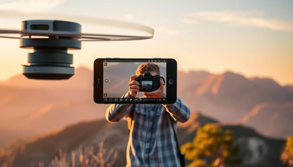 A sleek, AI-powered photography software hovers in the foreground, its intuitive interface displaying real-time composition recommendations. In the middle ground, a professional photographer frames a breathtaking landscape, the software's suggestions guiding their camera's movements. The background is a picturesque mountain range, bathed in warm, golden hour light and captured in crisp, ultra-realistic detail. The overall scene conveys the seamless integration of cutting-edge technology and the art of photography, showcasing the transformative impact of AI on the craft.