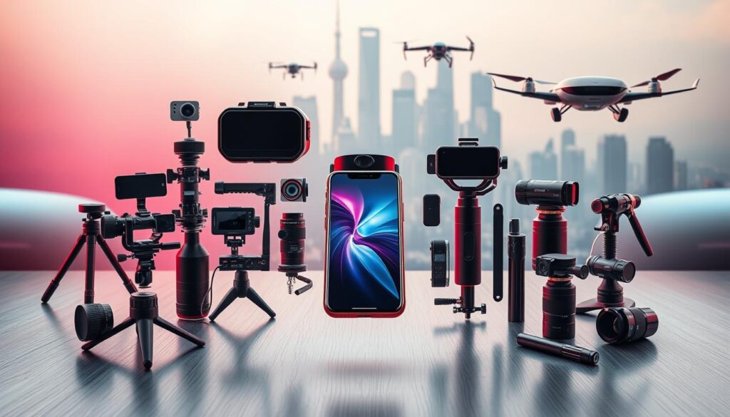 A sleek and futuristic assortment of mobile photography gear floats against a backdrop of brushed metallic surfaces and a hazy, neon-tinged cityscape. In the foreground, a cutting-edge smartphone with an ultra-high-resolution camera and a variety of specialized lenses and filters hovers, surrounded by a floating array of innovative accessories - tripods, gimbals, flashes, and wireless transmitters. The middle ground features an augmented reality headset and a portable, foldable drone, while in the distance, skyscrapers and hovering transport vehicles hint at the technological advancements of the year 2025. The overall scene conveys a sense of excitement and possibility, reflecting the evolving nature of mobile photography in the near future.