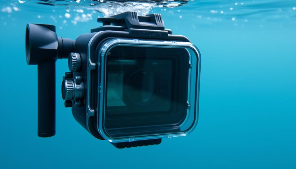 A sleek, compact underwater camera housing, meticulously designed to protect and enable underwater photography. The housing is made of durable, high-quality materials, featuring a clear acrylic front panel that allows for unobstructed lens access. Intricate metal latches and seals ensure a watertight seal, safeguarding the camera from the depths. The housing's streamlined profile minimizes drag, allowing for smooth, effortless underwater maneuverability. Strategically placed controls provide full camera functionality, enabling the photographer to adjust settings with ease. Backlit buttons illuminate the interface, aiding visibility in low-light conditions. The housing's matte black finish blends seamlessly with the aquatic environment, creating a cinematic, ultra-realistic underwater scene.