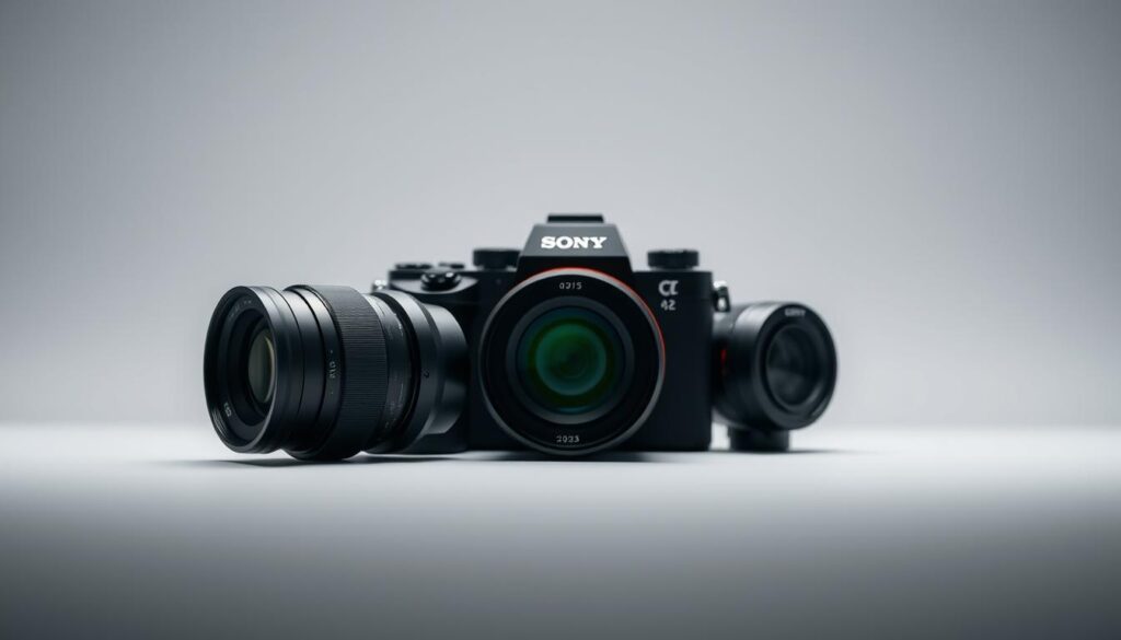 A sleek, minimalist composition showcasing the latest Sony E-mount lens trends for 2025. In the foreground, a trio of state-of-the-art lenses - a wide-angle, a standard zoom, and a telephoto - stand out against a clean, gray background, their metallic bodies gleaming under soft, directional lighting. The lenses are arranged in a dynamic, asymmetrical layout, hinting at the versatility and range of the modern Sony lens ecosystem. In the middle ground, a blurred silhouette of a Sony A7 camera body serves as a subtle focal point, emphasizing the seamless integration between camera and lens. The background fades into a soft, atmospheric gradient, evoking a sense of technological prowess and visual clarity that embodies the cutting-edge developments in Sony's lens lineup for 2025.