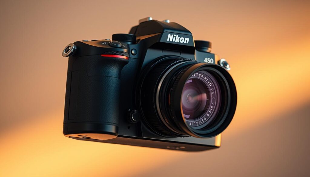A sleek, modern Nikon camera gently floating against a softly blurred background, its intricate stabilization mechanisms visible in exquisite detail. Precision-engineered components seamlessly work together, creating a sense of harmonious technology. Warm, directional lighting highlights the camera's elegant curves and metallic accents, while a subtle depth of field draws the viewer's eye to the stabilization system's inner workings. The overall mood is one of cutting-edge innovation, professional-grade performance, and a reverence for the photographic craft.