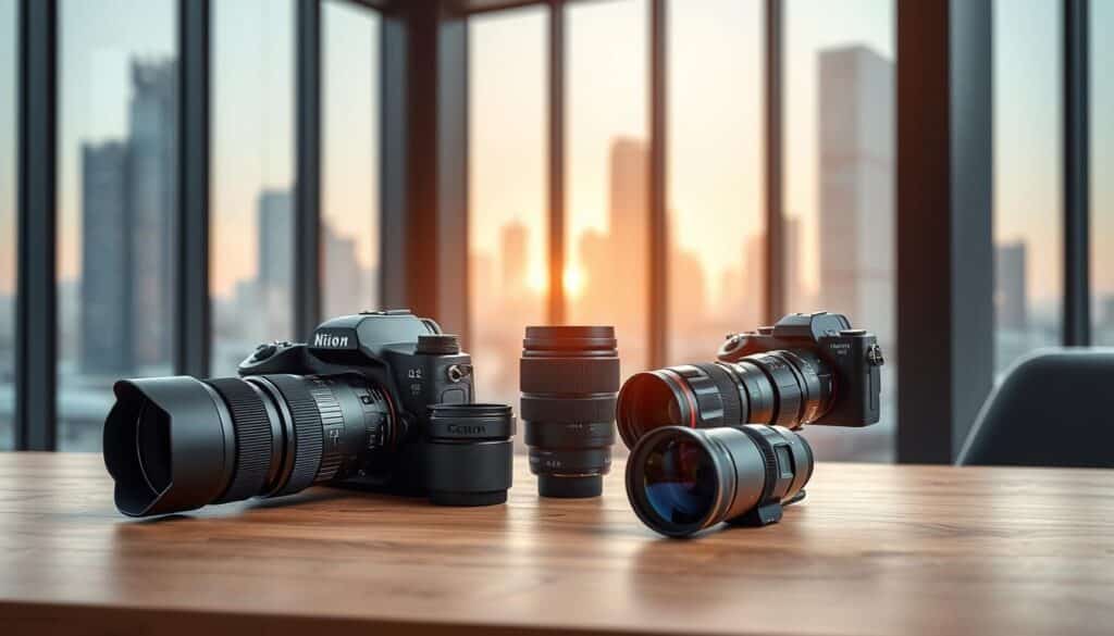 A sleek, modern office interior with large windows overlooking a futuristic cityscape. On a minimalist wooden desk, an array of advanced camera equipment is meticulously arranged - a high-end DSLR with a telephoto lens, a mirrorless camera with a macro lens, and a compact mirrorless camera with a versatile zoom lens. Soft, directional lighting from above highlights the products, casting subtle shadows and creating a sense of depth. The scene conveys a vision of the future of product photography, where cutting-edge technology and impeccable technique combine to capture every intricate detail with breathtaking clarity and precision.