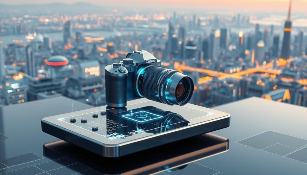A sleek, modern photo editing software interface floats ethereally in a vast, technologically-advanced landscape. Elegant AI-powered tools and intuitive controls hover in the foreground, their glowing holograms reflected in the glossy, metallic surface of the software's futuristic workspace. The middle ground features a 3D model of a camera, its components illuminated by a soft, diffused light, symbolizing the seamless integration of AI and photography. In the background, a panoramic view of a sprawling, hyper-connected city skyline suggests the far-reaching impact of AI on the photography industry. An atmosphere of innovation, efficiency, and creative empowerment permeates the scene.