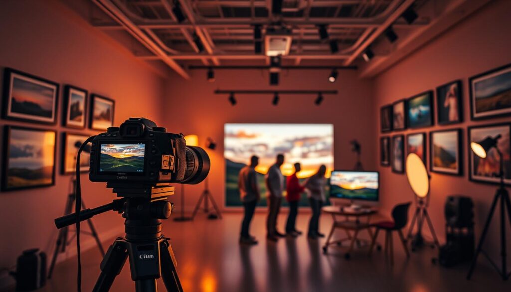 A sleek, modern photography studio, bathed in warm, diffused lighting. In the foreground, a professional camera on a tripod, its lens capturing a stunning landscape - rolling hills, a tranquil lake, and a vibrant sunset in the distance. On the studio walls, framed photographs showcasing a range of photographic styles and subjects, from stunning portraits to dynamic action shots. In the middle ground, a team of photographers and digital artists, collaborating on a computer screen, exploring the latest AI-powered image editing tools. The atmosphere is one of creativity, innovation, and a deep appreciation for the art of photography.