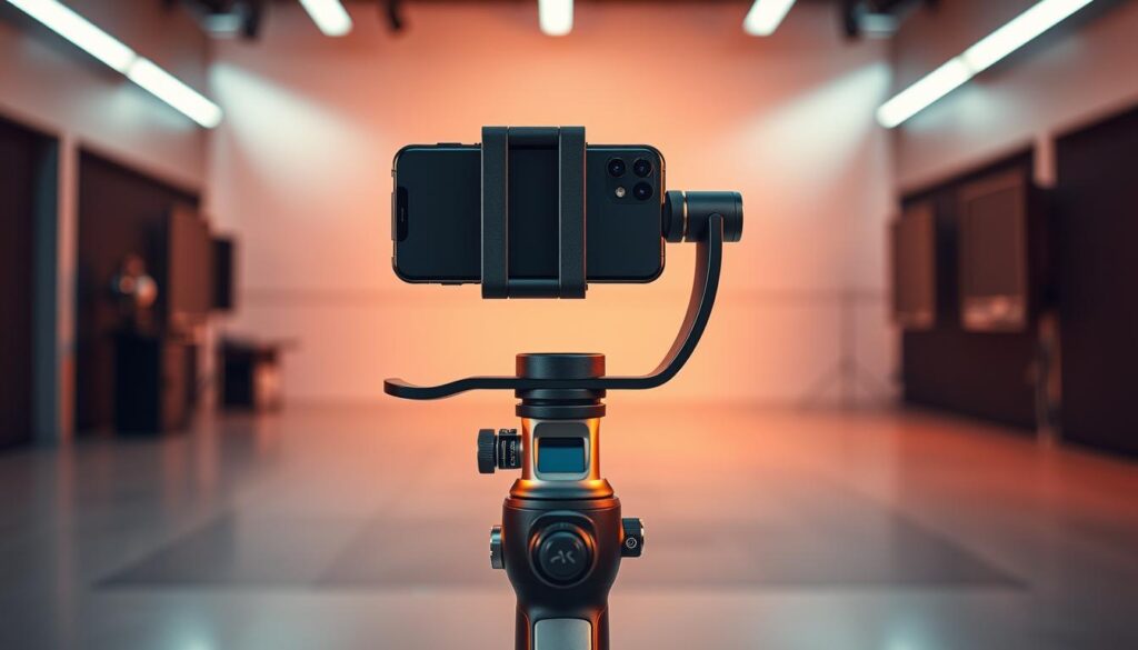 A sleek, modern smartphone stabilization rig stands prominently in the frame, its brushed metal and matte black finish glinting softly under warm, directional lighting. The intricate web of articulated joints and dampened gimbals hints at its advanced capabilities, ready to smooth even the most dynamic handheld video captures. In the foreground, the smartphone is securely mounted, its camera lens peeking out purposefully. The middle ground reveals the intuitive controls and adjustments, allowing precise tuning for optimal stabilization. Receding into the background, a minimalist, high-tech environment suggests a professional studio or workspace, enhancing the overall cinematic atmosphere.