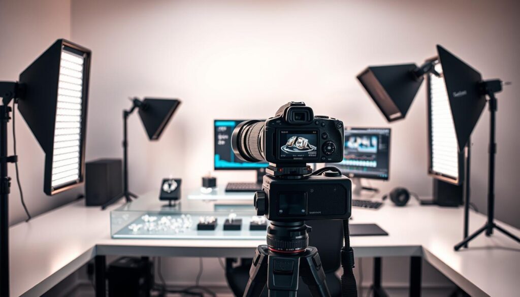 A sleek, modern workspace filled with the tools of the jewelry photography trade. In the foreground, a high-end DSLR camera mounted on a sturdy tripod, its lens angled towards a glass display case showcasing an array of gleaming, faceted gemstones. Strategically placed, adjustable LED lighting panels bathe the scene in a warm, flattering glow, casting subtle shadows that accentuate the jewelry's intricate details. In the middle ground, a state-of-the-art computer workstation with multiple monitors displays sophisticated image editing software, ready to automate the post-processing workflow. The background features a minimalist, white-walled studio setting, creating a clean, uncluttered backdrop to let the jewelry and photography equipment take center stage. The overall atmosphere conveys a sense of precision, efficiency, and a cutting-edge approach to the art of jewelry photography.