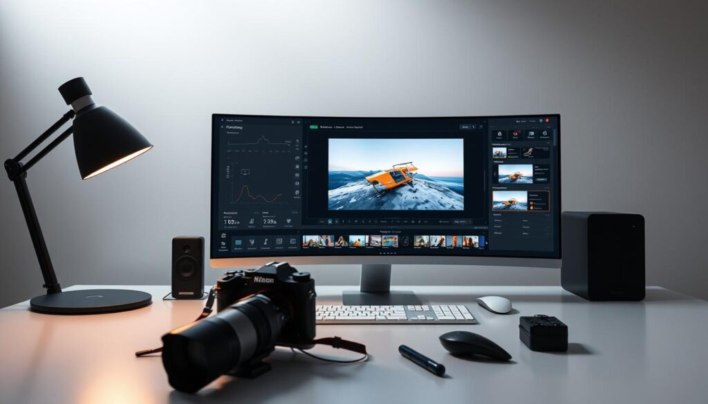 A sleek, modern workspace with a large desk showcasing an AI-powered photo editing software interface. The display features intuitive controls and advanced image manipulation tools, with a dynamic visualization of the editing process. Soft, diffuse lighting illuminates the scene, creating a professional and creative atmosphere. In the foreground, a high-resolution digital camera and accessories sit ready for use, while the background features a minimalist, abstract design that complements the tech-savvy aesthetic. The overall composition conveys the power and precision of AI-driven image editing, inspiring the viewer to explore the capabilities of this revolutionary technology.