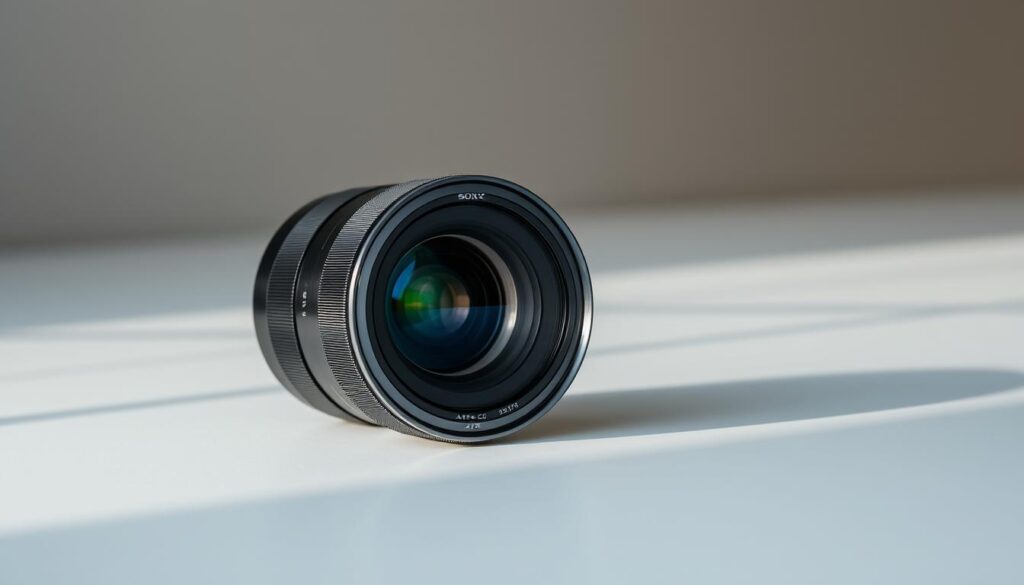A sleek, professional-grade Sony APS-C video lens rests on a clean, minimalist surface, its intricate details and metallic finish gleaming under softly diffused lighting. The lens' advanced features, including a large aperture, precise autofocus, and advanced optical stabilization, are subtly showcased, hinting at its superior video performance. The background fades into a muted, atmospheric setting, allowing the lens to take center stage and convey its versatility and quality as a premium tool for cinematic video capture.