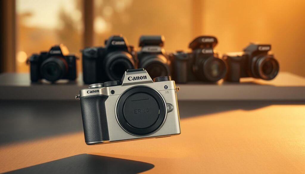 A sleek, silver Canon EOS R10 camera floats in the foreground, its minimalist design and angular body casting dynamic shadows. In the middle ground, a montage of previous R-series models unfurls, capturing the camera's evolution from earlier iterations. The background is bathed in a warm, golden light, hinting at the camera's cutting-edge capabilities and the professional-grade images it can capture. The scene conveys a sense of anticipation and technological advancement, inviting the viewer to explore the R10's capabilities as a powerful, versatile mirrorless camera.