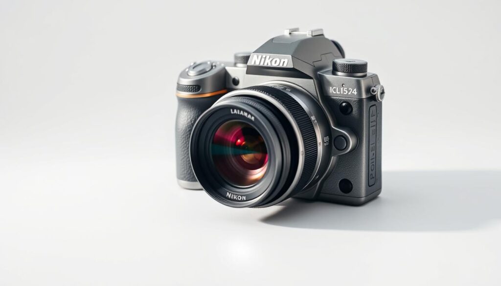 A sleek, silver Nikon camera, its lens equipped with vibration reduction technology, stands prominently against a crisp, white background. The camera's intricate mechanisms are visible, showcasing the advanced engineering behind this innovative feature. Soft, directional lighting accentuates the camera's curves and highlights the precision of its components, creating a sense of technical sophistication. The image conveys the camera's ability to capture sharp, stable images, even in the dynamic conditions of sports photography, perfectly complementing the section's focus on Nikon's suitability for this demanding field.