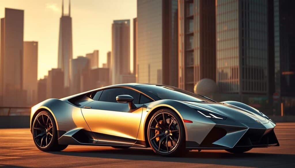 A sleek, silver sports car parked against a futuristic, glass-and-steel city skyline, bathed in warm, golden hour sunlight. The car's sharp, angular design is highlighted by dramatic shadows and reflections, creating a cinematic, high-contrast scene. The photographer has used a wide-angle lens to capture the full elegance of the vehicle, set against a backdrop of towering skyscrapers and a vibrant, neon-lit cityscape. The overall mood is one of technological sophistication and automotive excellence, reflecting the cutting-edge trends in car photography for the year 2025.