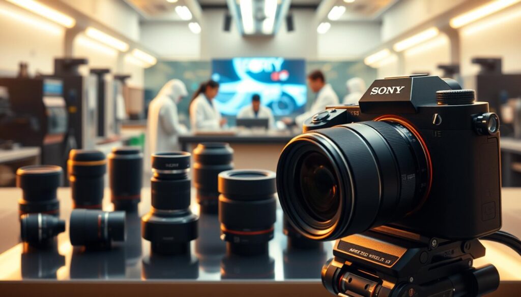 A sophisticated display of Sony's cutting-edge lens innovations for 2025. In the foreground, a sleek and modern DSLR camera with a high-end Sony lens attached, capturing a stunning cinematic scene. The middle ground features an array of advanced lens prototypes, showcasing innovative designs, enhanced optical performance, and improved video capabilities. In the background, a futuristic research lab setting, with scientists and engineers diligently working on the next generation of Sony's revolutionary optics. Soft, warm lighting illuminates the scene, creating a sense of technological progress and innovation. The overall atmosphere is one of excitement and anticipation, hinting at the transformative impact these lens advancements will have on the world of videography.