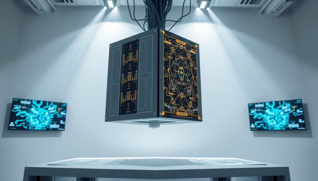 A sophisticated neural network system, with sleek metallic panels and glowing interface, hovers above a clean, minimalist workspace. Intricate data visualizations and algorithms flicker across high-resolution displays, as the AI analyzes a curated collection of stock photography. Beams of soft, directional lighting illuminate the scene, creating a sense of technological elegance and precision. The atmosphere is one of advanced capability and innovation, reflecting the transformative role of AI in modern visual content curation.