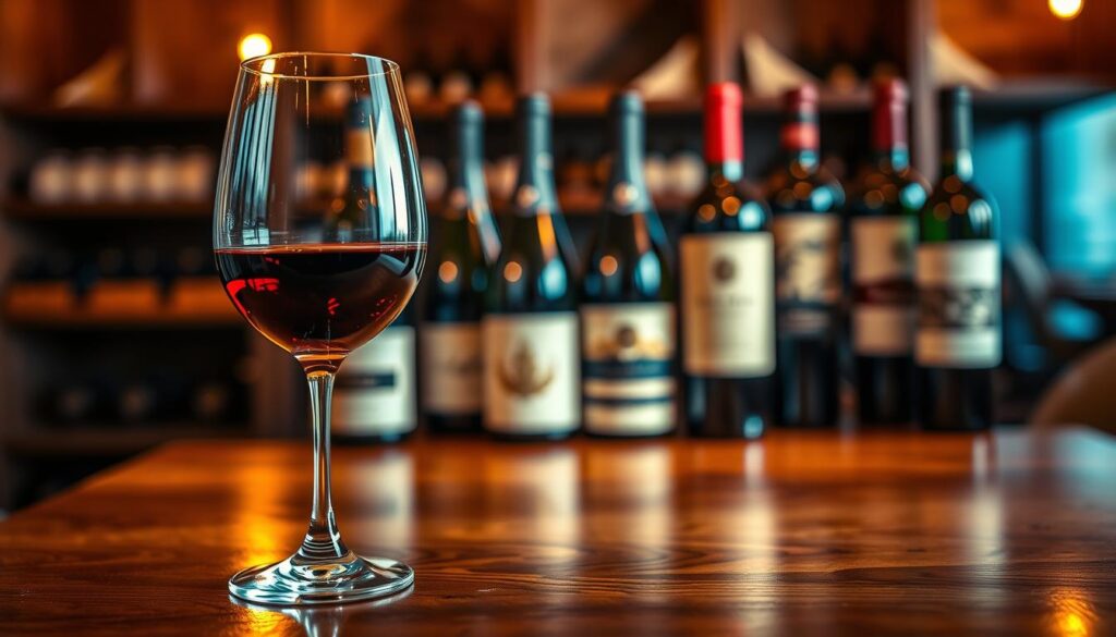A sophisticated professional wine photographer captures the essence of vino in a meticulously composed scene. In the foreground, an elegant wine glass sits atop a polished wooden table, its deep red contents reflecting the warm, inviting lighting. In the middle ground, an array of wine bottles, each with a distinct label and shape, are artfully arranged to showcase their unique character. The background features a subtly blurred, ambient setting, perhaps a cozy wine cellar or tasting room, creating a sense of depth and atmosphere. The overall image conveys a refined, high-end aesthetic that would be well-suited to illustrate the "Techniques for Capturing Stunning Wine Imagery" section of the article.