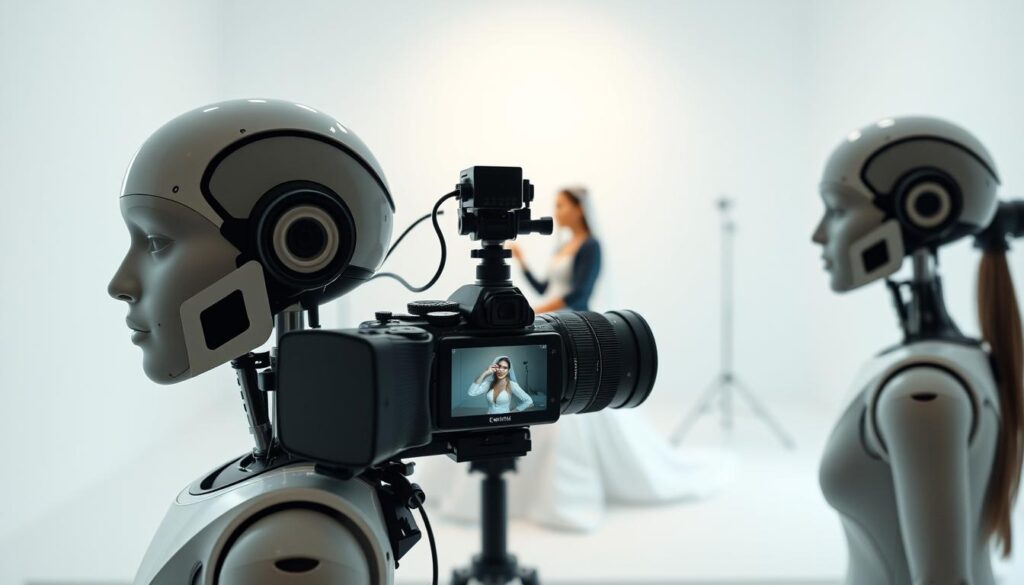 A sophisticated wedding photography scene featuring cutting-edge AI algorithms. In the foreground, a trio of sleek AI models analyze a couple's poses, facial expressions, and lighting, generating real-time recommendations. In the middle ground, a high-resolution camera captures the couple with precise focus and clarity, guided by the AI's insights. In the background, a minimalist studio setup with soft, diffused lighting creates a serene, intimate atmosphere. The entire scene exudes a sense of technological elegance and artistic precision, blending the power of AI with the timeless craft of wedding photography.