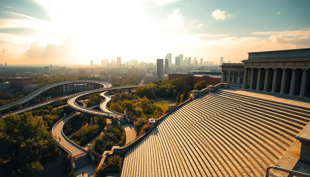 A sprawling city vista, the iconic High Line elevated park bisects the frame, its sinuous metal and wood pathways winding through a verdant landscape. In the foreground, the grand granite staircase of the Metropolitan Museum of Art rises majestically, inviting the viewer to ascend and discover the museum's treasures. Warm, golden afternoon light filters through wispy clouds, casting a soft, atmospheric glow over the scene. Sleek, modern architecture and historic landmarks intertwine, creating a visually captivating contrast. The composition balances the graceful curves of the High Line with the stately formality of the Met steps, showcasing the intersection of nature, culture, and urban design that defines this inspiring New York City location.