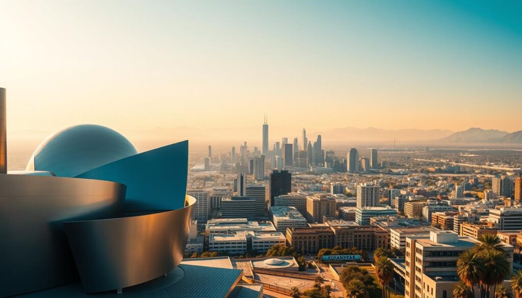 A striking architectural landscape of Los Angeles, bathed in warm, golden afternoon light. In the foreground, the iconic silhouette of the Walt Disney Concert Hall, its stainless steel curves and sharp angles reflecting the city's dynamic energy. In the middle ground, a panoramic view of the downtown skyline, a tapestry of modernist high-rises and sleek office buildings. In the distance, the hazy outline of the Santa Monica Mountains, providing a dramatic natural backdrop. The scene is captured through the lens of a wide-angle, low-angle shot, emphasizing the grand scale and imposing presence of the city's architectural wonders. The overall mood is one of awe and wonder, showcasing the harmony between Los Angeles' modern design and its breathtaking natural setting.
