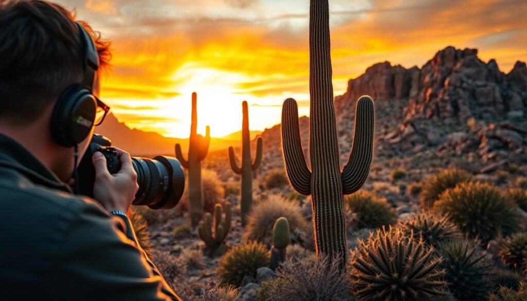 A stunning desert landscape in Phoenix, Arizona, with a professional photographer capturing the scene. The foreground features a skilled photographer using a high-end DSLR camera with a long telephoto lens, framing a majestic saguaro cactus against the backdrop of a vibrant sunset sky. In the middle ground, additional cacti and desert flora add depth and texture to the composition. The background showcases the rugged, sun-drenched terrain of the Sonoran Desert, with dramatic rock formations and a warm, golden hue that infuses the entire scene with a sense of natural wonder and timeless beauty.