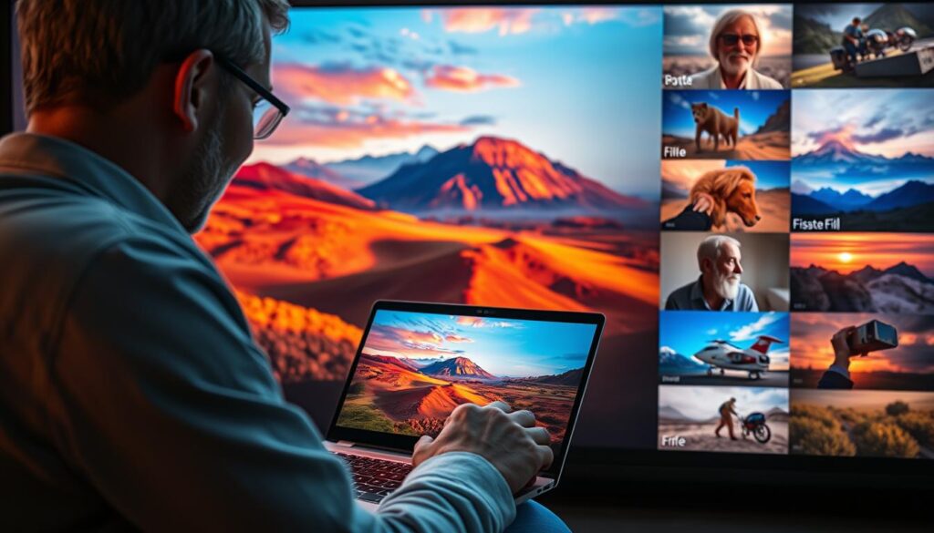 A stunning, ultra-realistic image showcasing the benefits of AI in photography. In the foreground, a photographer effortlessly editing an image on a sleek, futuristic laptop, their face illuminated by the screen's soft glow. The middle ground features a vibrant, colorful landscape captured with impeccable detail, highlighting the AI-powered camera's advanced image processing capabilities. In the background, a montage of photographic masterpieces – portraits, landscapes, and still lifes – all elevated by the seamless integration of AI-driven tools, from automated lighting adjustments to intelligent object removal and content-aware fill. The overall scene exudes a sense of creativity, efficiency, and the boundless potential of AI-powered photography.