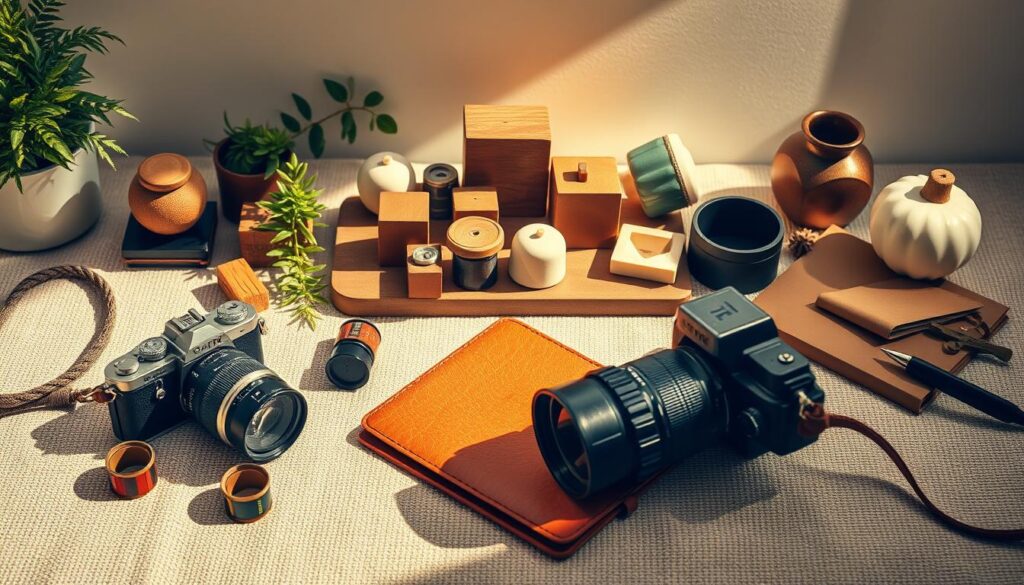 A stylish flat lay with an array of photographic props and accessories. In the foreground, a vintage camera, old-fashioned film rolls, and a leather-bound notebook lie on a textured surface, casting soft shadows. In the middle ground, an assortment of artful objects such as wooden blocks, ceramic trinkets, and lush greenery create a visually appealing composition. The background is a clean, minimalist backdrop, allowing the props to take center stage and shine. Warm, natural lighting illuminates the scene, creating a cozy, inviting atmosphere. The overall mood is one of creativity, inspiration, and an appreciation for the art of photography.