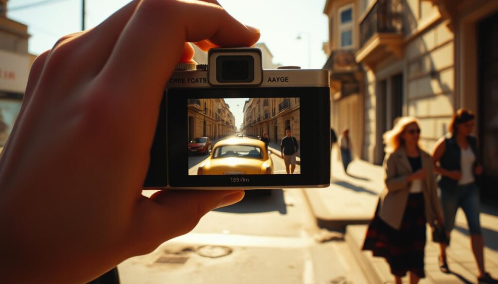 A sun-drenched 35mm film camera held in a skilled photographer's hands, the viewfinder revealing a timeless scene. Warm tones and gentle grain evoke an authentic, tactile experience. Soft shadows caress the subject, a vintage car parked on a weathered city street. Pedestrians stroll by, their movements captured in a cinematic blur. The scene is imbued with a nostalgic, cinematic atmosphere, inviting the viewer to step into the frame and feel the essence of 35mm film photography.