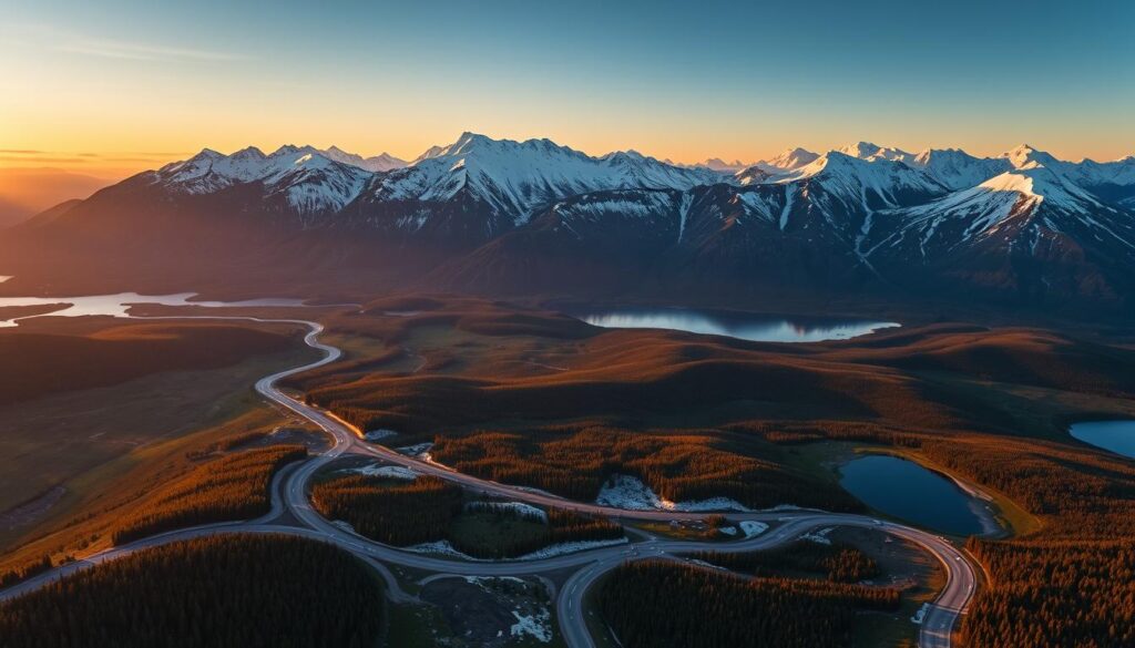 A sweeping vista of the Alaskan wilderness, captured through the lens of an aerial photographer. Rugged mountains rise in the distance, their snow-capped peaks reflecting the golden hues of the setting sun. Winding roads carve through the pristine landscape, offering a breathtaking journey for the adventurous traveler. Lush boreal forests and glacial lakes dot the scene, creating a serene and enchanting atmosphere. The image is bathed in a warm, cinematic lighting, accentuating the drama and grandeur of the Alaskan terrain. Captured with a wide-angle lens, the composition seamlessly blends the foreground, middle ground, and background, inviting the viewer to immerse themselves in the majestic beauty of this untamed natural wonder.