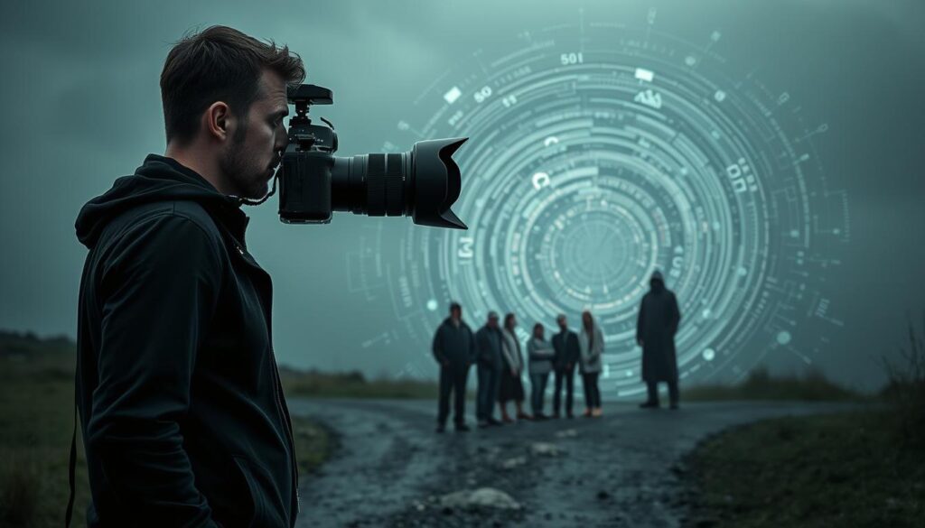 A thoughtful photographer stands at a crossroads, contemplating the ethical dilemmas posed by AI-powered image generation. In the foreground, a camera hovers, its lens trained on a group of people, their expressions wary and uncertain. The middle ground reveals a swirling vortex of data, symbols, and algorithms, hinting at the complex interplay between technology and human agency. In the background, a shadowy figure emerges, representing the unseen forces that shape the ethical landscape of photography. The scene is bathed in a somber, moody light, evoking a sense of unease and the need for deep reflection on the responsible use of AI in this creative field.