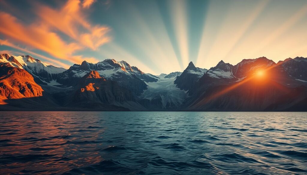 A vast, dynamic landscape stretches before the viewer, bathed in the warm glow of the setting sun. In the foreground, a crystal-clear lake reflects the vibrant colors of the sky, its surface rippling with subtle movement. Towering, snow-capped peaks rise majestically in the middle ground, their rugged slopes and craggy cliffs carved by the relentless forces of nature. Beams of soft, directional lighting illuminate the scene, casting dramatic shadows and highlights that accentuate the depth and texture of the environment. The overall atmosphere is one of awe-inspiring grandeur, a cinematic vision of the natural world captured with the latest advancements in high-dynamic-range photography.