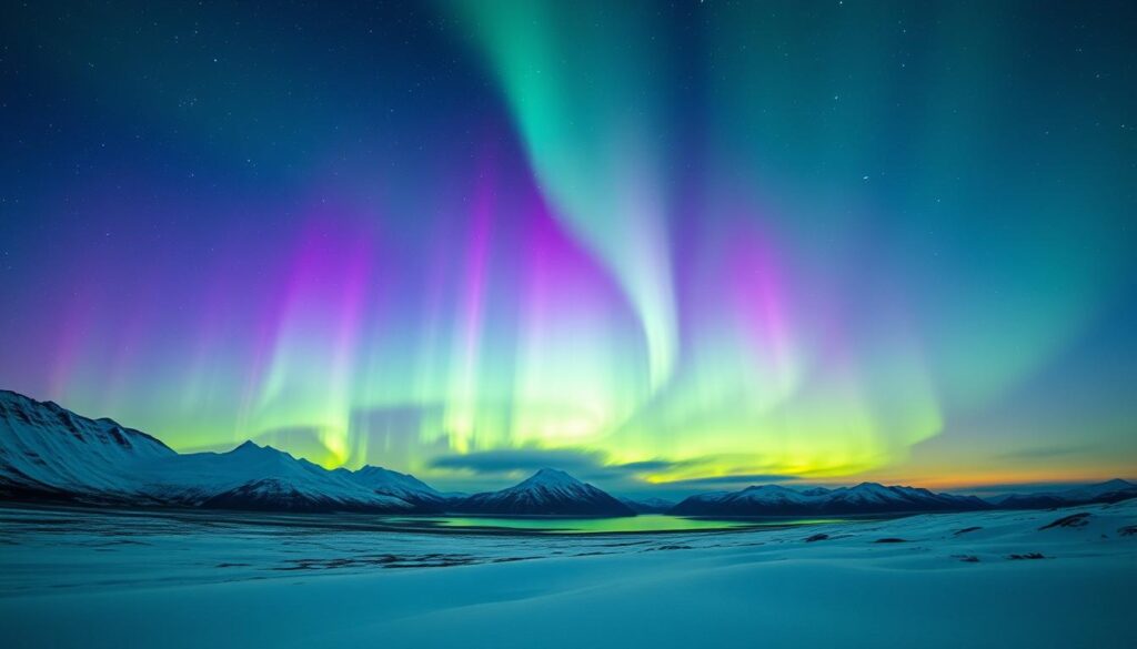 A vast, ethereal display of vibrant, swirling aurora borealis dances across the night sky, casting an otherworldly glow over a remote, snow-capped landscape. In the foreground, a powerful, wide-angle lens captures the breathtaking scene, its expansive field of view revealing the shimmering curtains of green, purple, and blue light that stretch from horizon to horizon. The image is crisp, detailed, and cinematic, evoking a sense of awe and wonder at the natural beauty of this celestial phenomenon. The composition is balanced, with the majestic mountains and serene lake in the middle ground providing a captivating counterpoint to the mesmerizing aurora display above.