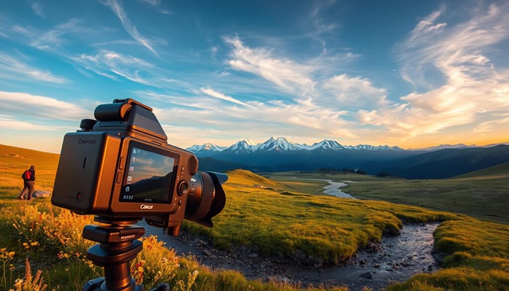 A vast, panoramic landscape unfolds before the viewer, showcasing the latest trends in outdoor photography for the year 2025. In the foreground, a sleek, advanced camera with a high-resolution sensor and a wide-angle lens captures the sweeping vistas. The middle ground features a pristine alpine meadow, dotted with vibrant wildflowers and a meandering stream that reflects the azure sky above. In the distance, majestic snow-capped peaks pierce the horizon, their jagged silhouettes bathed in warm, golden light that filters through wispy cirrus clouds. The scene exudes a sense of tranquility and wonder, inviting the viewer to immerse themselves in the beauty of the natural world as experienced through the lens of the latest photographic technology.