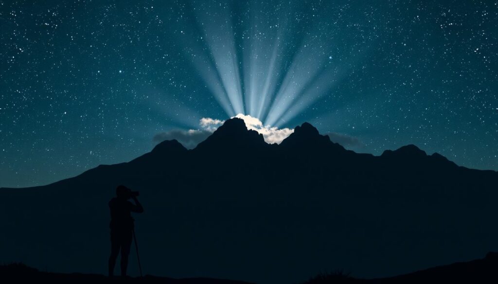A vast, starry night sky stretches above a serene landscape. In the foreground, a lone photographer stands silhouetted, her camera poised to capture the captivating celestial display. The middle ground features a dramatic mountain range, their jagged peaks silhouetted against the inky blackness. Beams of moonlight filter through the clouds, casting a soft, ethereal glow over the scene. The atmosphere is one of tranquility and wonder, inviting the viewer to pause and appreciate the beauty of the night. Ultra-realistic and cinematic in its execution, this image exemplifies the trends in night photography that will captivate audiences in 2025.