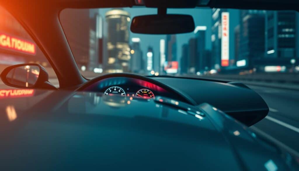 A vehicle's exposure triangle, a photographic concept showcasing the interplay between aperture, shutter speed, and ISO. In the foreground, a sleek sports car positioned at a dynamic angle, its metallic body gleaming under the soft, diffused lighting. The middle ground reveals a detailed dashboard, the analog dials and digital displays illuminated, providing a glimpse into the camera's settings. In the background, a blurred cityscape, skyscrapers and neon signs creating a moody, cinematic atmosphere. The overall scene captures the essence of vehicle photography, where mastering the exposure triangle is key to capturing the perfect shot.