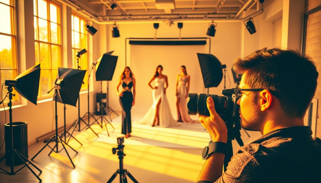 A vibrant fashion photography studio, bathed in warm, golden light from large windows. Striking models pose gracefully, showcasing the latest haute couture designs. In the foreground, an aspiring photographer peers through a high-end DSLR camera, capturing the scene with a shallow depth of field. Surrounding the models are carefully arranged reflectors, softboxes, and other professional lighting equipment, creating a beautiful, even illumination. The background features a minimalist, yet stylish backdrop, allowing the subjects to take center stage. The overall atmosphere exudes a sense of elegance, creativity, and the pursuit of artistic perfection - a fitting representation of the "Tips for Aspiring Fashion Photographers" section.