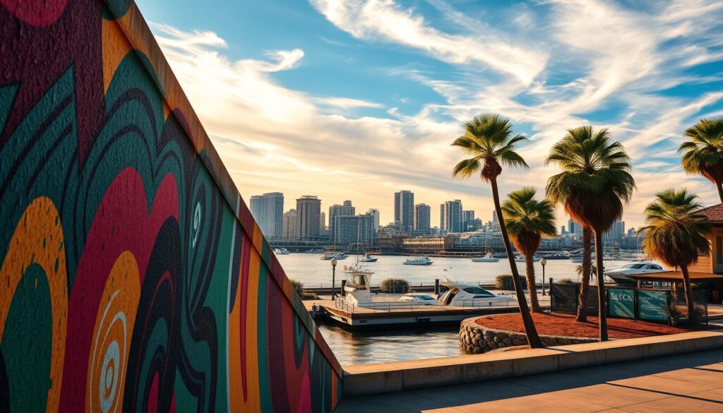 A vibrant waterfront mural, captured in a striking diagonal composition, frames the sun-dappled San Diego skyline. The foreground showcases the textured, colorful wall artwork, its brushstrokes and patterns creating a dynamic, abstract scene. In the middle ground, the serene waters of the harbor reflect the city's iconic architecture, including the classic silhouettes of palm trees. The background features a dramatic sky, with wispy clouds illuminated by warm, golden light, evoking a sense of tranquility and creativity. This photograph utilizes a wide-angle lens and a low camera angle to accentuate the mural's scale and the sweeping vista of the cityscape.