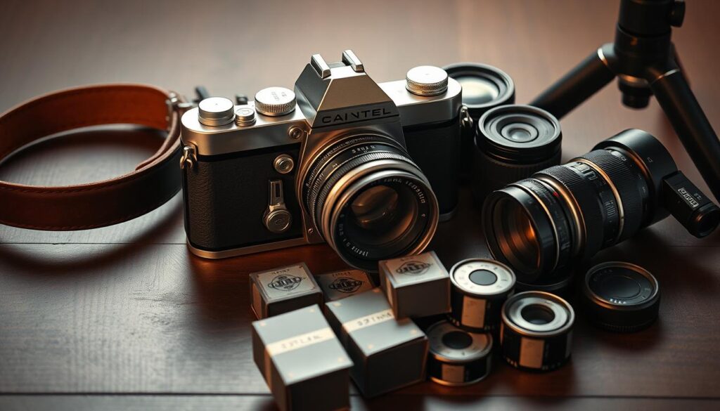 A vintage 35mm film camera rests on a dark, wooden surface, its sleek body and polished chrome accents catching the warm, directional lighting from an unseen source. Surrounding the camera are the essential accessories - a classic leather camera strap, a set of interchangeable lenses with glass elements gleaming, a sturdy tripod, and a handful of 35mm film rolls in their iconic paper canisters. The scene conveys a sense of timeless elegance and the enduring appeal of analog photography, creating a visually striking and technically detailed representation of the core tools for a professional 35mm photographer in 2025.