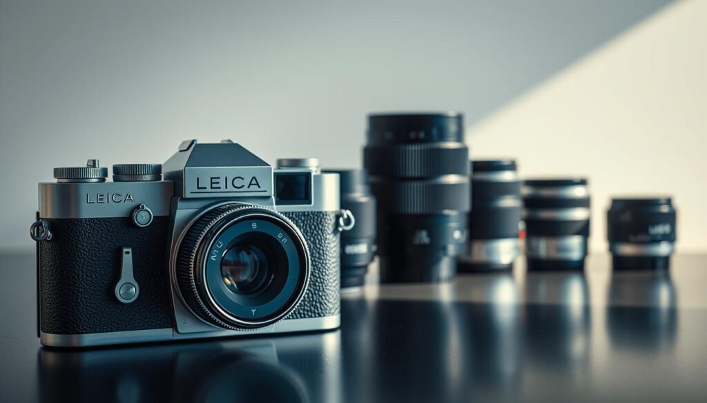 A vintage Leica M series camera sits prominently in the foreground, its iconic rangefinder design and smooth chrome finish capturing the essence of timeless German engineering. In the middle ground, a series of Leica M lenses in various focal lengths are arranged, each with their own unique character and history. The background fades into a softly lit, minimalist studio setting, allowing the camera and lenses to be the true focus of attention. The lighting is natural and directional, casting subtle shadows that accentuate the form and texture of the equipment. This cinematic, ultra-realistic scene conveys the evolution of the legendary Leica M system, a testament to the brand's enduring legacy in the world of photography.