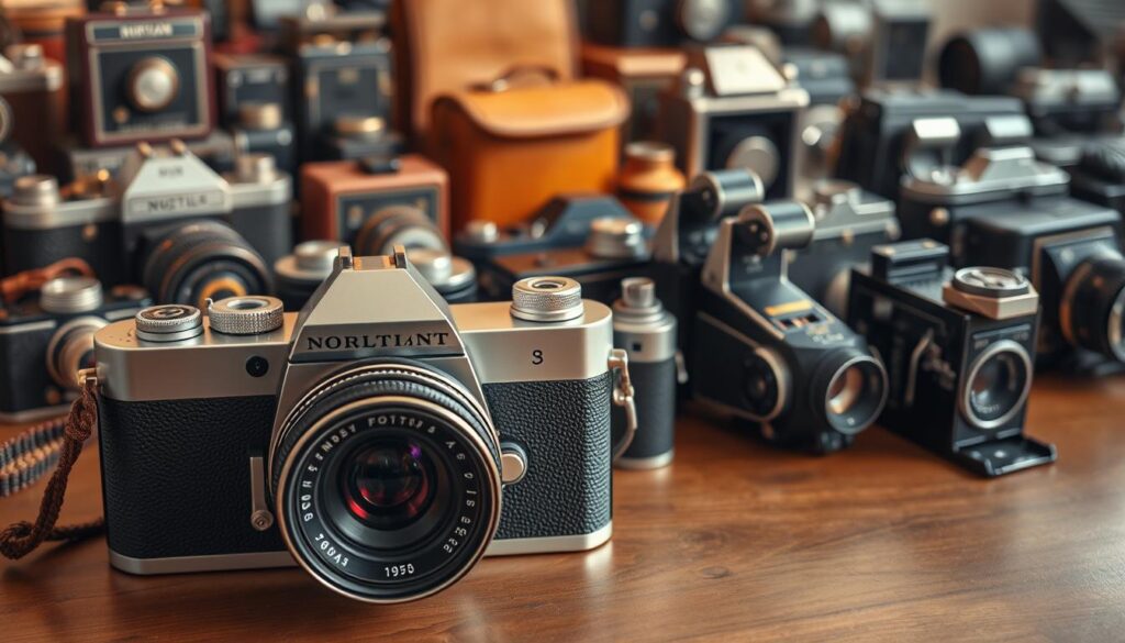 A vintage camera collection displayed on a wooden table, meticulously arranged to showcase the evolution of film photography. In the foreground, a sleek and modern 35mm SLR camera with a high-quality lens, its metallic body reflecting the warm lighting. Behind it, a selection of classic rangefinder cameras from the 1950s and 1960s, their leather-wrapped bodies and brass accents hinting at the bygone era of analog photography. In the background, a collection of early 20th-century box cameras and folding cameras, their unique shapes and design elements illustrating the gradual refinement of the photographic process. The scene is bathed in a soft, natural light, creating a nostalgic and cinematic atmosphere that celebrates the rich history of film cameras.