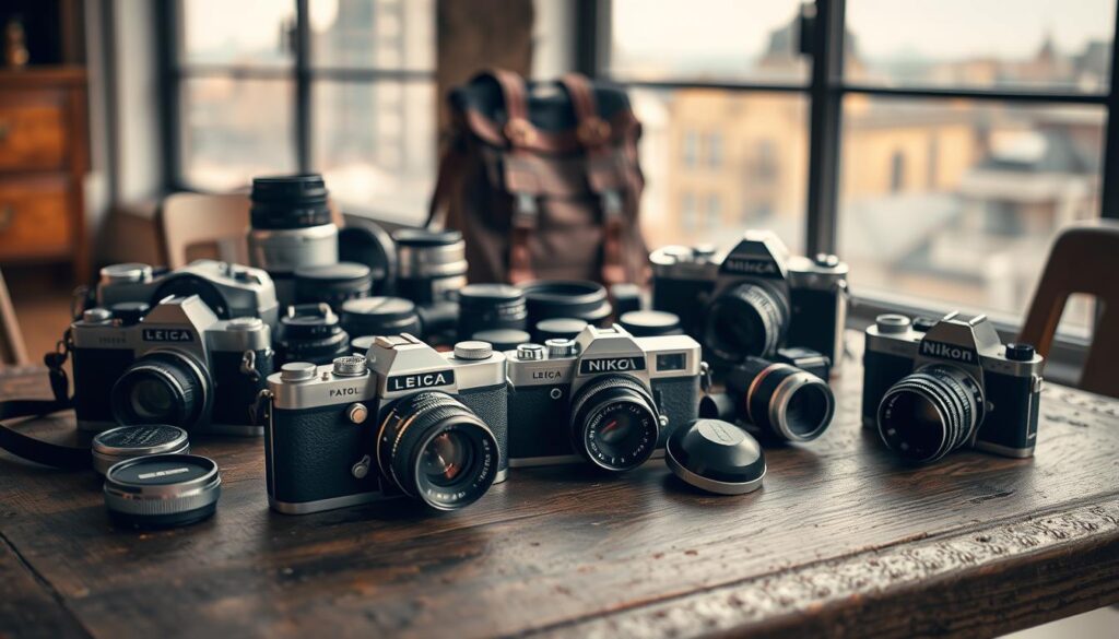 A vintage camera collection laid out on a weathered wooden table, bathed in soft, warm lighting. In the foreground, an assortment of antique film cameras - a classic Leica, a Hasselblad medium format, and a sleek Nikon SLR - their metal bodies gleaming. In the middle ground, various photographic accessories like lenses, filters, and a well-worn camera bag. The background features a subtle, blurred cityscape through a large window, hinting at the cameras' stories and the adventurous spirit of analog photography. The scene exudes a sense of nostalgia and timeless elegance, capturing the enduring allure of vintage camera equipment in the digital age.