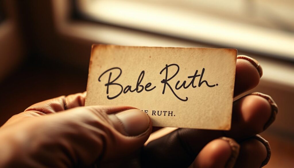 A vintage sepia-toned photograph of a signed Babe Ruth baseball card, capturing the legendary player's iconic autograph in the foreground. The card is held in the hands of a well-worn leather glove, suggesting a collector's treasured possession. The background is softly blurred, drawing the viewer's attention to the intricate details of the signature and the aging of the card's surface. The lighting is warm and natural, creating a sense of timelessness and nostalgia. The overall scene evokes the rich history and enduring legacy of one of baseball's most revered icons.