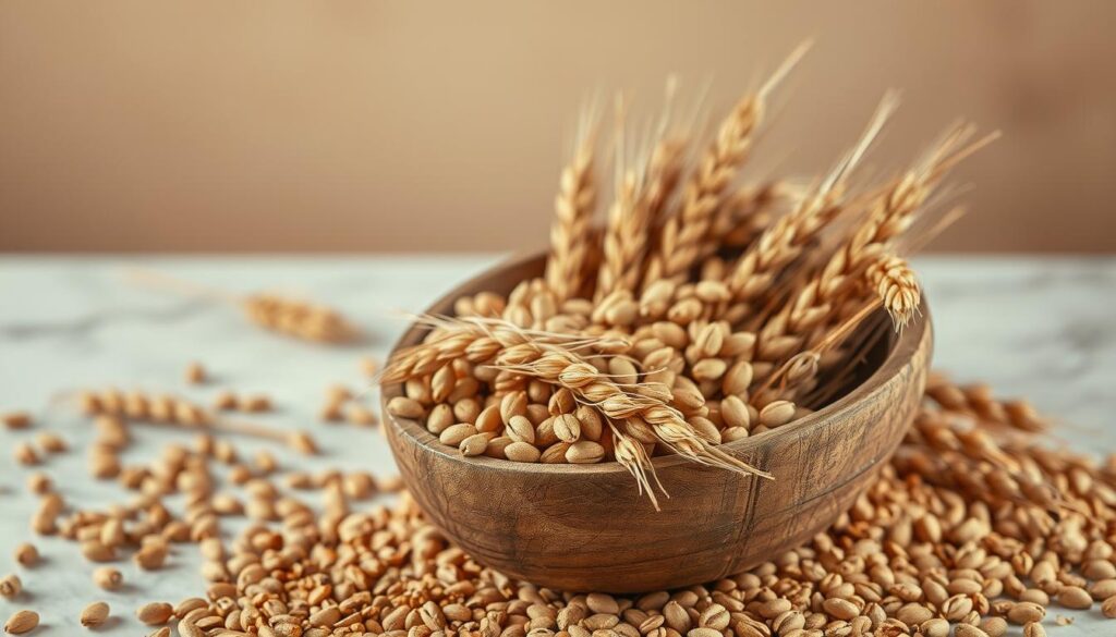 A warm, golden-hued still life capturing the tactile beauty of raw, unprocessed grains. In the foreground, a weathered, wooden bowl overflows with a delicate arrangement of earthy wheat stalks, their golden-brown tones accentuated by soft, diffused lighting. Surrounding the bowl, scattered grains and husks add a sense of rustic, organic texture. In the middle ground, a few stray wheat kernels lie upon a smooth, marble surface, their individual shapes and shadows creating a striking contrast. The background fades into a soft, blurred expanse, allowing the grain's natural elegance to take center stage in this ultra-realistic, immersive composition.