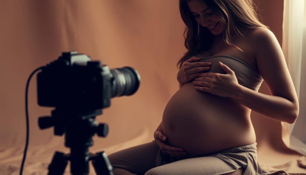A warm, inviting studio setting. In the foreground, a pregnant woman sits gracefully, her hands cradling her belly. Soft, natural lighting caresses her features, creating a serene and radiant atmosphere. The middle ground reveals a professional-grade camera on a tripod, its lens focused intently on the subject. In the background, a seamless backdrop in a muted, earthy tone provides a timeless, elegant backdrop. The overall scene radiates a sense of intimacy, capturing the beauty and anticipation of this special moment in the client's maternity journey.