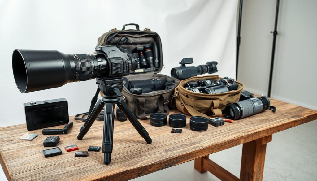A weathered wooden table in a well-lit studio, adorned with an array of professional sports photography equipment. In the foreground, a high-end DSLR camera with a long telephoto lens rests on a sturdy tripod, its polished metal and sleek black body gleaming. Beside it, a collection of memory cards, lens filters, and a remote shutter release. In the middle ground, a rugged sports camera bag, its exterior weathered by years of use, sits open, revealing an assortment of lenses, flashes, and other accessories. The background features a seamless white backdrop, casting a soft, even light across the scene, creating a sense of focus and clarity. The overall atmosphere is one of professional, well-curated equipment, ready to capture the dynamic moments of a sporting event.