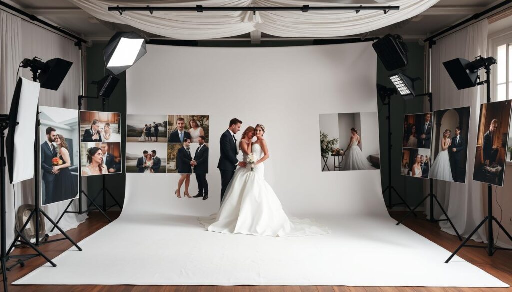 A wedding photographer's studio backdrop, with a variety of photographic styles prominently displayed. In the foreground, a classic portrait of a bride and groom in formal attire, lit by soft, natural lighting. In the middle ground, examples of candid, documentary-style shots of the couple interacting naturally. In the background, examples of editorial-inspired wedding photography, with dramatic lighting and creative framing. The overall atmosphere conveys the diverse array of photographic approaches available to couples, from timeless elegance to modern, artistic sensibilities. ultra realistic