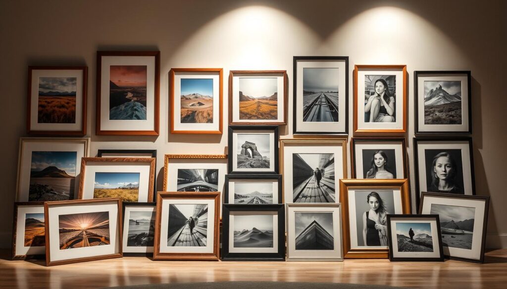 A well-curated display of high-quality photographic prints, showcased in a variety of sophisticated framing options. The foreground features an assortment of wooden and metal frames in muted tones, each highlighting a different photographic style - from vibrant landscape shots to moody black-and-white portraits. The middle ground showcases the prints themselves, printed on premium archival paper with exceptional clarity and depth of color. The background provides a neutral, minimalist setting, allowing the frames and artwork to take center stage. Soft, directional lighting casts subtle shadows, adding depth and dimension to the overall scene. The atmosphere exudes a sense of refined elegance, perfectly suited for a discerning photographer's gift-giving needs.