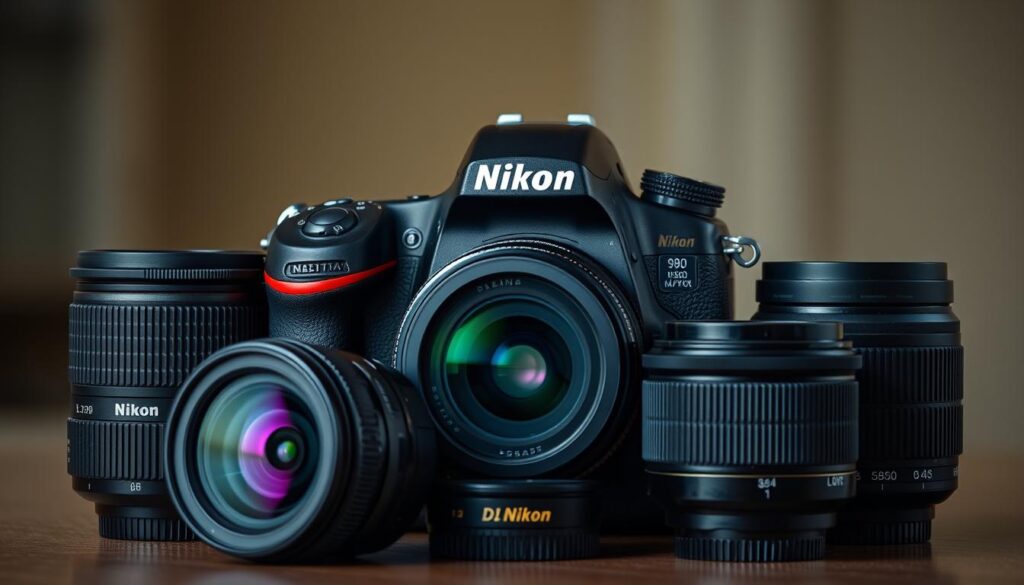 A well-lit, close-up view of a Nikon D7500 DSLR camera with a selection of high-quality lenses arranged artfully in the foreground. The lenses showcase various focal lengths and apertures, meticulously positioned to highlight their individual capabilities. The camera body is positioned prominently, its sleek, modern design complementing the premium glass surrounding it. The background is softly blurred, creating a sense of depth and focus on the camera gear. The overall scene conveys a sense of technical expertise, passion for photography, and the versatility of the Nikon D7500 system.