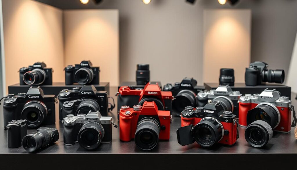 A well-lit, high-quality tabletop display showcasing a selection of beginner-friendly digital cameras for 2025. The foreground features a range of compact mirrorless and DSLR models in a variety of colors, including sleek black, muted gray, and vibrant red variants. The middle ground depicts the cameras from various angles, highlighting their ergonomic designs, intuitive controls, and high-resolution viewfinders. The background is a softly blurred, minimalist studio setting with neutral-toned backdrops, allowing the cameras to be the focal point. The overall mood is professional, informative, and inviting, conveying the idea of accessible, high-performance photography tools for the modern beginner.