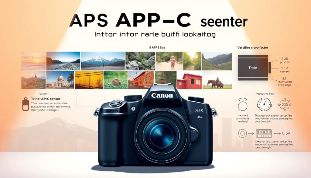 A well-lit, high-resolution, detailed illustration showcasing the benefits of an APS-C sensor for photography beginners. In the foreground, a sleek and modern DSLR camera with an APS-C sensor, highlighting its compact size and ease of use. The middle ground features a composition of vibrant, high-quality images captured with the camera, showcasing its superior image quality, low-light performance, and shallow depth of field. In the background, a series of informative infographics and diagrams explain the technical advantages of the APS-C sensor, such as its larger pixel size, improved dynamic range, and versatile crop factor. The overall scene conveys a sense of clarity, education, and the versatility of an APS-C camera for those new to photography.