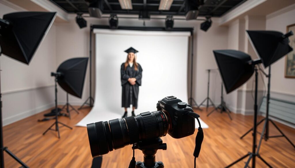 A well-lit studio setting with a high school graduate standing in the center, wearing a black gown and mortarboard cap. The graduate is posed confidently, gazing directly at the camera. In the foreground, an array of photography equipment is neatly arranged, including a professional-grade DSLR camera on a tripod, softbox lighting, and reflectors. The middle ground features a simple backdrop, a clean white seamless paper or fabric that creates a bright, minimalist environment. The background has subtle, out-of-focus details that suggest an upscale photography studio, with hardwood floors and neutral-toned walls. The overall mood is one of anticipation and pride, capturing the milestone moment of high school graduation with a polished, elegant aesthetic.