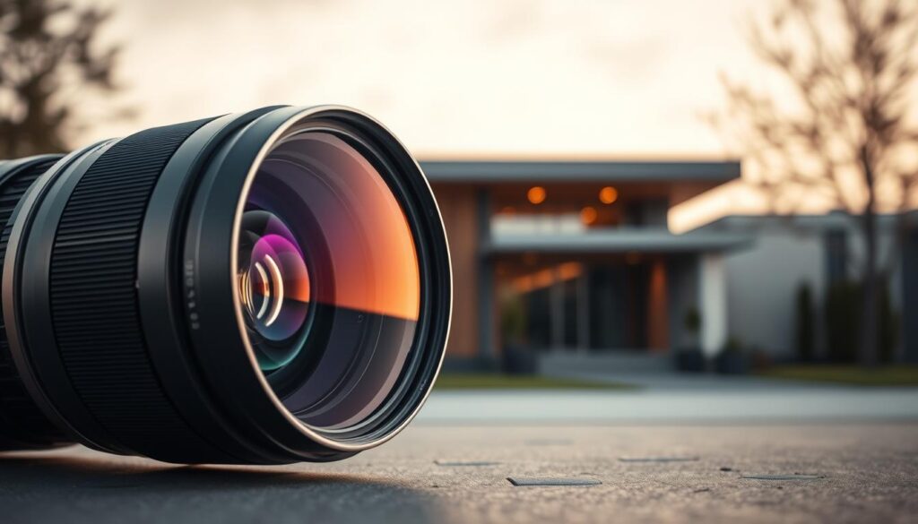 A wide-angle lens for professional property photography, its sleek metallic design gleaming under soft, diffused lighting. The lens sits prominently in the foreground, its large glass element and intricate inner workings visible. In the middle ground, a modern, minimalist home exterior comes into focus, the lens capturing its clean lines and expansive windows. The background blurs into a hazy, atmospheric landscape, hinting at the lens's ability to create a sense of depth and scale. The overall scene exudes a cinematic, ultra-realistic quality, capturing the essence of high-end real estate photography.